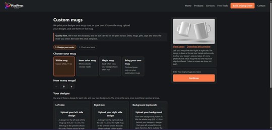 Pixelpress custom mugs order page with live preview